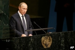 Russian President President Vladimir Putin addresses the 70th session of the United Nations General Assembly at U.N. headquarters, Monday, Sept. 28, 2015.