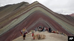 In this March 2, 2018 photo, an Andean man rests with his llama while tourists take in the natural wonder of Rainbow Mountain in Pitumarca, Peru. (AP Photo/Martin Mejia)