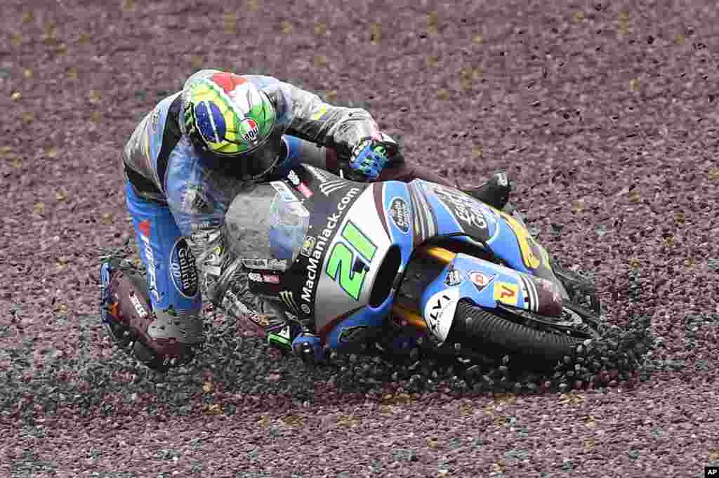 Moto2 driver Franco Morbidelli from Italy crashes during the race on the Sachsenring in Hohenstein-Ernstthal, Germany.