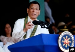 President Rodrigo Duterte speaks during the 121st anniversary celebration of the Philippine Army in Taguig city, east of Manila, Philippines, March 20, 2018.