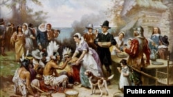 На картині Жана Леона Жерома Феррі «Перший День подяки» зображене спільне святкування пілігрімів та корінних американців