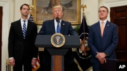 President Donald Trump, flanked by Sen. Tom Cotton, R- Ark., left, and Sen. David Perdue, R-Ga., speaks in the Roosevelt Room of the White House in Washington, Aug. 2, 2017, during the unveiling of legislation that would place new limits on legal immigration.