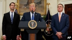 President Donald Trump, flanked by Sen. Tom Cotton, R- Ark., left, and Sen. David Perdue, R-Ga., speaks in the Roosevelt Room of the White House in Washington, Aug. 2, 2017, spotlighting legislation that would place new limits on legal immigration. 