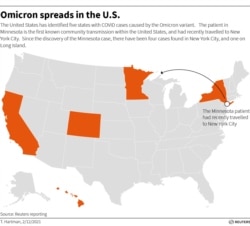 امریکہ کے وہ علاقے جہاں اومیکرون کی نشاندہی ہوئی ہے۔ 3 دسمبر 2021
