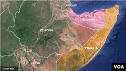A Google map of Somalia with shading to show the breakaway region of Somaliland.