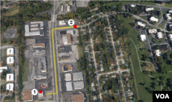Ferguson, Missouri, map shows #1) Ferguson Market and Liquors and #2) Canfield Drive, approximate site where Michael Brown was shot.