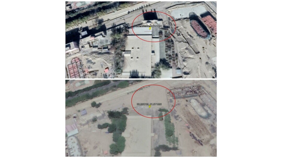 Keriya Iydgoh masjidining "Google" xaritasida buzilishdan avvalgi va keyingi ko'rinishi