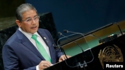 FILE - Brunei's Second Minister of Foreign Affairs Erywan Pehin Yusof addresses the 74th session of the United Nations General Assembly at U.N. headquarters in New York City, Sept. 30, 2019. 