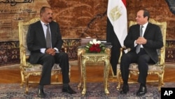 In this photo provided by Egypt's state news agency, MENA, Eritrean President Isaias Afwerki, left, meets with Egyptian President Abdel-Fattah el-Sissi at the presidential palace, in Cairo, Egypt, Jan. 9, 2018. 