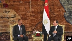 In this photo provided by Egypt’s state news agency, MENA, Eritrean President Isaias Afwerki, left, meets with Egyptian President Abdel-Fattah el-Sissi at the presidential palace, in Cairo, Egypt, Jan. 9, 2018.