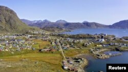 FILE - Aerial view of the town of Narsaq in southern Greenland, located 5 km from the site of a rare earth mine planned by Australian-listed company Greenland Minerals. (Greenland Minerals Ltd/Handout via REUTERS)