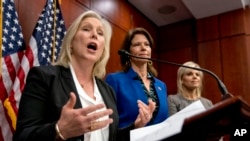 Sen. Kirsten Gillibrand, D-N.Y., speaks at a news conference on Capitol Hill, Dec. 6, 2017. Gillibrand and fellow female Democratic senators have united in calling for Sen. Al Franken to resign amid sexual misconduct allegations. Also pictured are Rep. Cheri Bustos, D-Ill., and former Fox News host Gretchen Carlson.