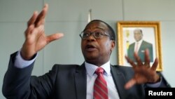 FILE: Finance Minister Mthuli Ncube gestures during a media briefing in Harare, Zimbabwe, Oct. 5, 2018. 