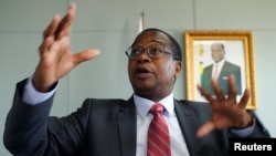 FILE: Finance Minister Mthuli Ncube gestures during a media briefing in Harare, Zimbabwe, Oct. 5, 2018. 