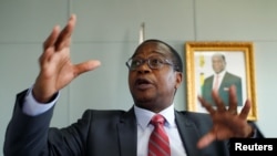 FILE: Finance Minister Mthuli Ncube gestures during a media briefing in Harare, Zimbabwe, Oct. 5, 2018.