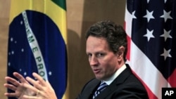 U.S. Secretary of the Treasury Timothy Geithner speaks during a meeting with Brazilian students at Getulio Vargas Foundation in Sao Paulo, February 7, 2011