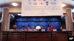 Các thành viên trong nhóm Đối thoại nhân dân Afghanistan về Sáng kiến Hòa bình tại một cuộc họp báo ở Kabul, ngày 9/1/2016.