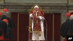 In this image taken from a video, Pope Benedict XVI delivers his final greetings to the assembly of cardinals at the Vatican, February 28, 2013.