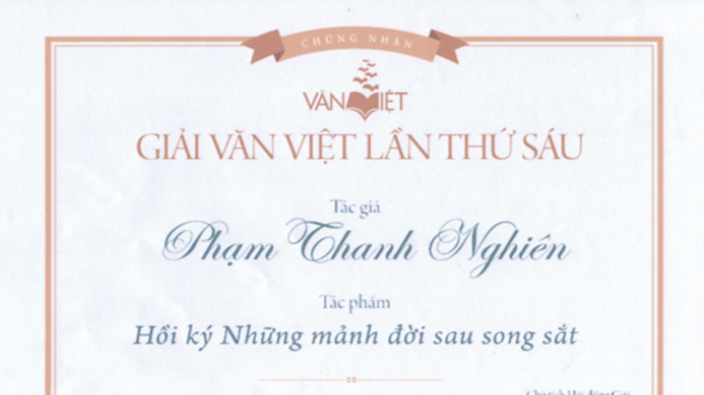 Giấy chứng nhận Giải Văn Việt cho Phạm Thanh Nghiên