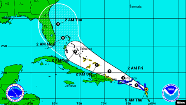 Trayectoria prevista por el Centro Nacional de Hurcanes para la tormenta tropical Erika.