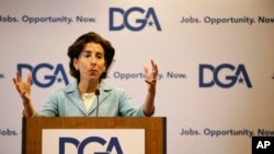 FILE - In this July 14, 2017, file photo, Rhode Island Gov. Gina Raimondo responds to a reporter's question as she addresses a Democratic Governors joint news conference during the National Governor's Association meeting in Providence, R.I. 
