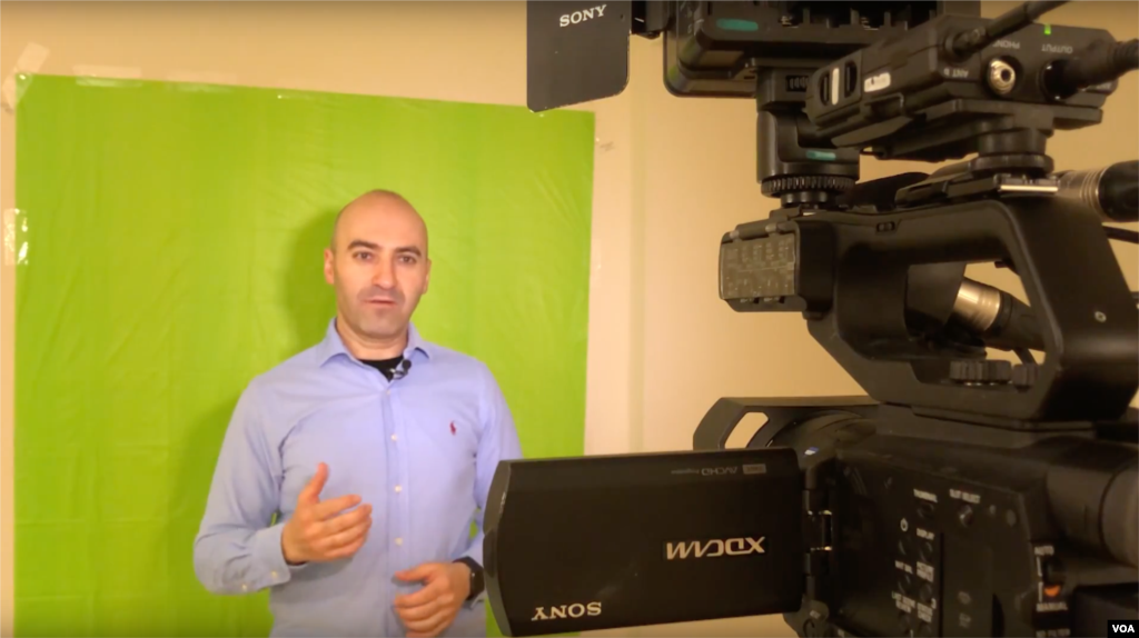 Arman Tarjimanyan, reporter for VOA&rsquo;s Armenian service, improvised a green screen in his home with a $1 green, plastic tablecloth taped to the wall to record stand-up news segments