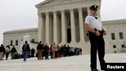 U.S. Supreme Court is seen in Washington, before the judges hear arguments in Abbott vs. Perez, weighing a bid by Texas to revive Republican-drawn electoral districts for state legislative and U.S. congressional seats that were thrown out by a lower court for diminishing black and Hispanic voters' clout, April 24, 2018.