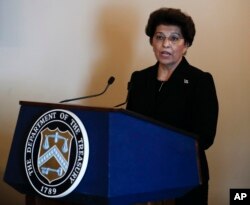 Jovita Carranza,the 44th Treasurer of the U.S., speaks during a ceremony June 19, 2017, at the Treasury Department in Washington, after taking the oath of office.