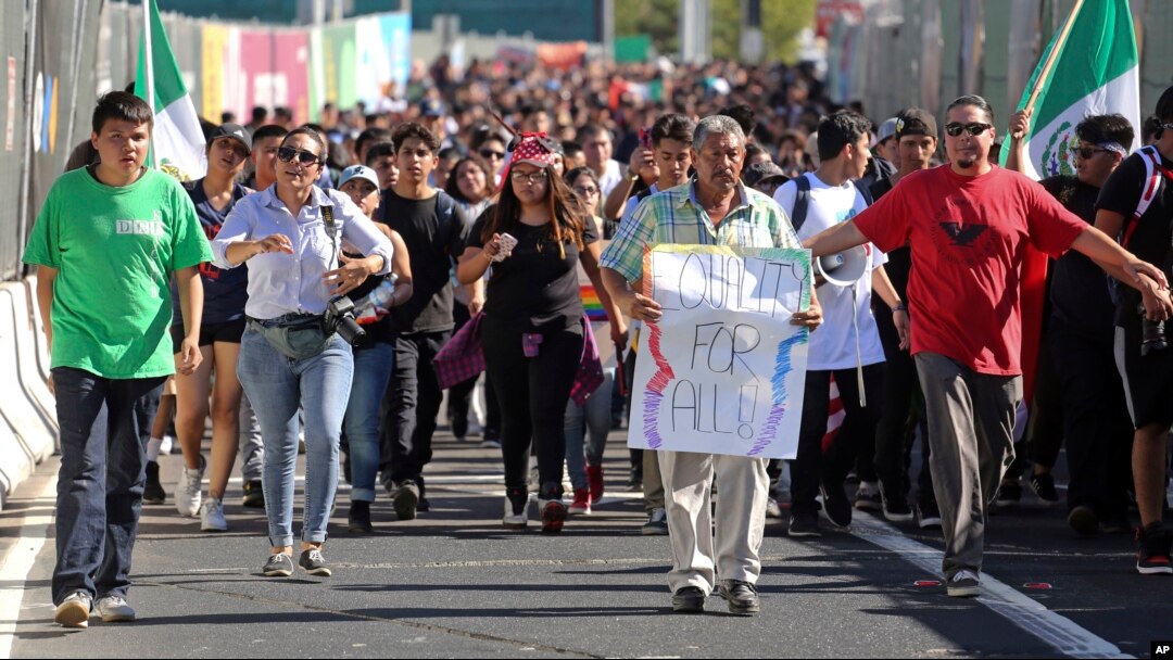 Students from several high schools rally after walking out of classes to protest the election of Donald Trump as president in downtown Los Angeles, Nov. 14, 2016.