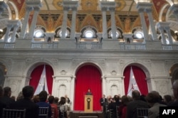 FILE - Princess Anne speaks during the opening of an exhibition celebrating the 800th anniversary of the Magna Carta at the Library of Congress in Washington, DC, Nov. 6, 2014. The exhibition featured the Lincoln Cathedral Magna Carta, one of only four surviving copies of the original issue in 1215.