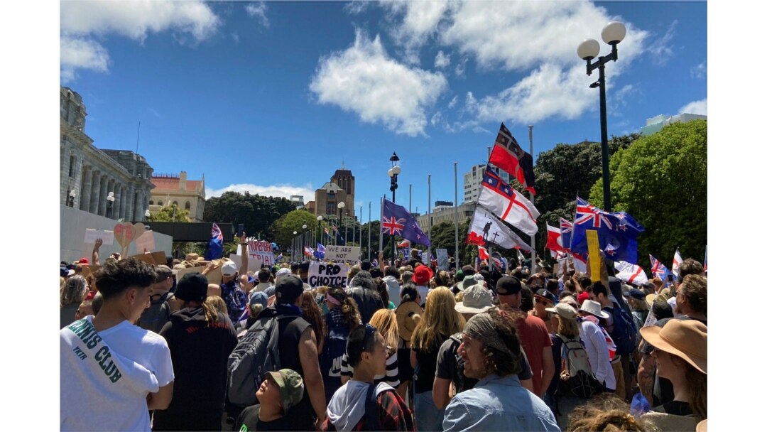Aksi unjuk rasa menentang mandat vaksin dan pembatasan di tengah pandemi COVID-19 di Wellington, Selandia Baru, 9 November 2021. (REUTERS/Praveen Menon)