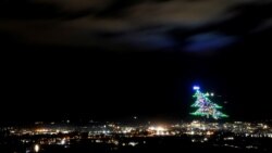 Pohon Natal terbesar di dunia menyala di lereng Gunung Ingino, kota abad pertengahan Gubbio, Italia, 7 Desember 2020. (REUTERS/Yara Nardi)