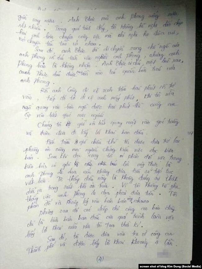 trang 4 bản tường trình của nữ nhân chứng về vụ bắt ông Lê Duy Phong