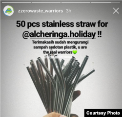 Bisnis pariwisata Alcheringa Holiday membeli 50 buah sedotan stainless dari Zero Waste Warriors untuk menggantikan sedotan plastik untuk tiga propertinya di Yogyakarta, Karimun Jawa, dan Manado. (Foto: Zero Waste Warriors)