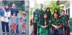 Dr.Ir.Dzarnisa Araby dan keluarga: saat mengungsi ke Bogor pasca gempa dan tsunami, 26 Desember 2004 (kiri), dan di rumah kediaman mereka di Banda Aceh, 26 Desember 2019.(Foto courtesy: pribadi)