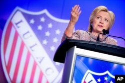 FILE - Democratic presidential candidate Hillary Clinton speaks at the 87th League of United Latin American Citizens National Convention in Washington, July 14, 2016.
