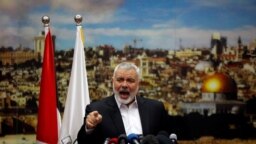 Hamas lideri İsmail Haniye 2017 yılında eski Başkan Donald Trump'ın Kudüs'ü İsrail'in başkenti olarak tanıma kararına tepki gösterirken, 7 Aralık 2017. 