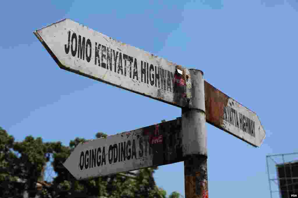 Crossroads of Jomo Kenyatta Highway and Oginga Odinga Street in Kisumu, Kenya, as seen during protests on October 6, 2017. The sons of Kenyatta and Odinga, Kenya’s first president and vice-president, are the two main candidates in Kenya’s upcoming re-run 
