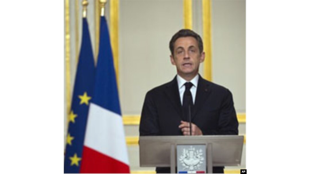 French President Nicolas Sarkozy delivers a speech, March 19, 2011 at the Elysee Palace in Paris after a crisis summit on Libya