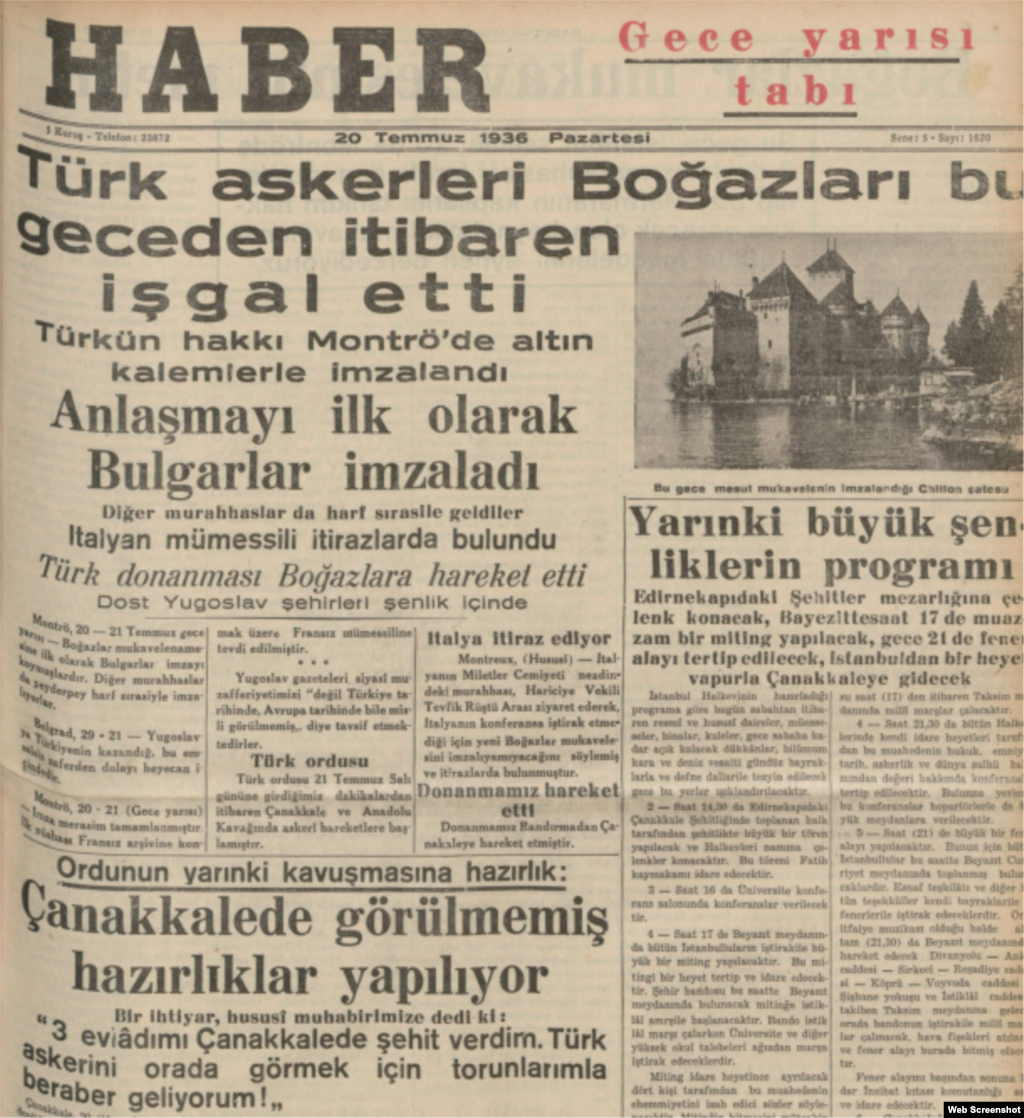 Montrö Sözleşmesi'nin imzalanmasıyla ilgili gazete başlıkları