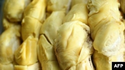 A closeup of an opened durian fruit, which sell between 1.4 to 7 USD, is seen at a stall in Medan on January 30, 2019. - Known as the "king of fruits", durians are popular across Southeast Asia. Fans rave about their creamy texture but many detractors lik