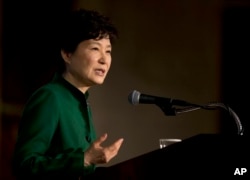 FILE - South Korean President Park Geun-hye speaks to the U.S. Chamber of Commerce and the U.S.-Korea Business Council annual meeting in Washington, Oct. 15, 2015.