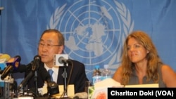 United Nations Secretary General Ban Ki-moon and the head of the UN Mission in South Sudan (UNMISS), Hilde Johnson, address a news conference during a visit by Ban to South Sudan on May 6, 2014.