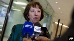 European Union High Representative Catherine Ashton speaks with the media, Oct. 15, 2012.