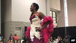 A model showcases a wedding gown made completely of recycled materials at the seventh annual Green Festival in Washington, DC.