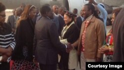 President Robert Mugabe with First Lady Grace Mugabe greeting some cabinet ministers and close relatives recently soon after his arrival from the United Nations General Assembly in New York. Partly obscured (left) is Vice President Joice Mujuru.