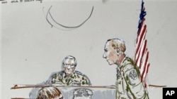 In this courtroom sketch, US Army Cpl. Jeremy Morlock of Alaska, on the left, listens during military trial accusing him of participating in the killings of Afghan civilians, 27 Sept 2010.