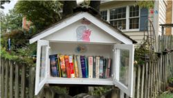 Compartir con la comunidad es la motivación de las personas que deciden en EEUU colocar en sus casas esta pequeñas casitas de libros. [Foto: Natalia López/VOA]