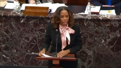 FILE - In this image from video, House impeachment manager Delegate Stacey Plaskett, D-Virgin Islands, answers a question in the Senate at the U.S. Capitol, Feb. 12, 2021.