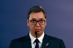 Serbian President Aleksandar Vucic speaks during a news conference after a meeting with Matthew Palmer, deputy assistant secretary of the U.S. Department of State - Bureau of European and Eurasian Affairs in Belgrade, Serbia, Nov. 4, 2019.